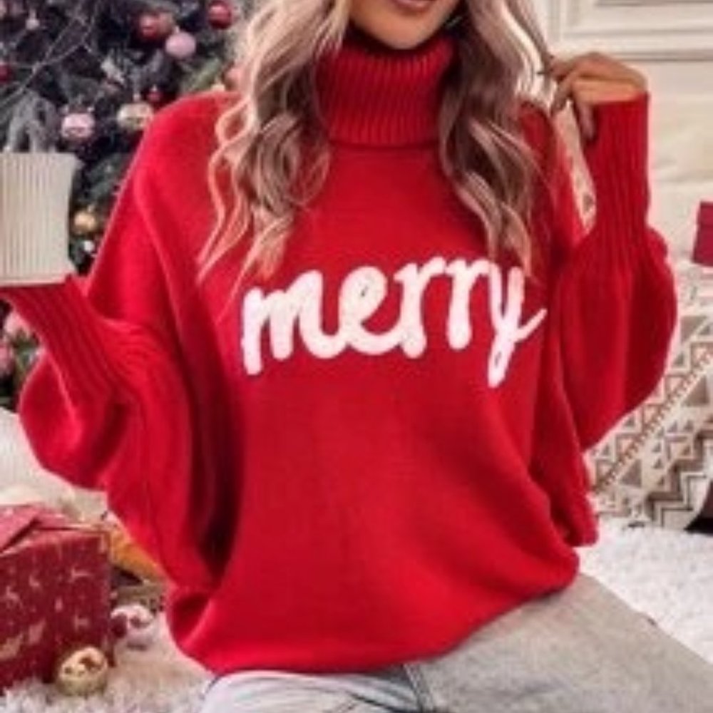 Letter Pattern Turtleneck Dolman Sleeve Sweater (Small)